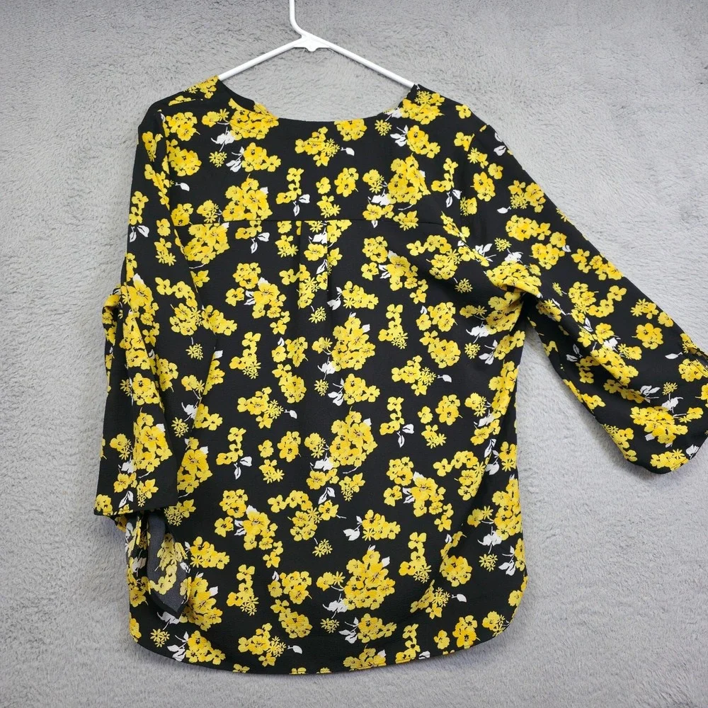 Michael Kors Top Womens L Black Yellow Tie Sleeve Floral Colorful Resort Elegant